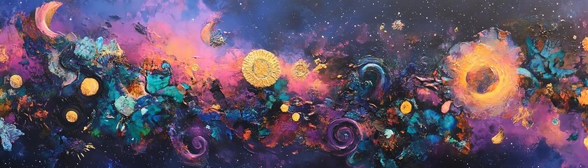 Vibrant abstract painting depicting a cosmic scene with swirling colors, celestial bodies, and nebulae. Perfect for fantasy, science fiction, or spiritual themes.