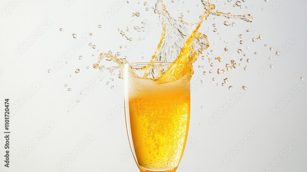 Poster champagne flute with orange juice splashing upward, creating festive bubbles and dynamic liquid moti