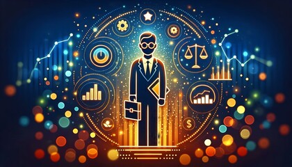 Flat Bokeh Digital Art with Glowing Compliance Financial Planning Icons for Corporate Banners