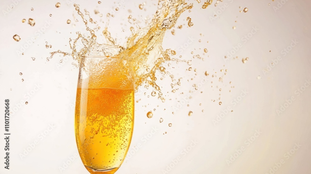 Poster champagne flute with orange juice splashing upward, creating festive bubbles and dynamic liquid moti