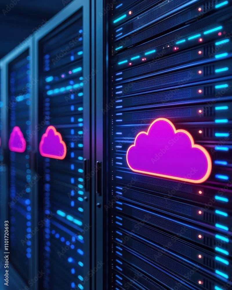 Poster a visually striking server room featuring illuminated storage units with neon cloud symbols, represe