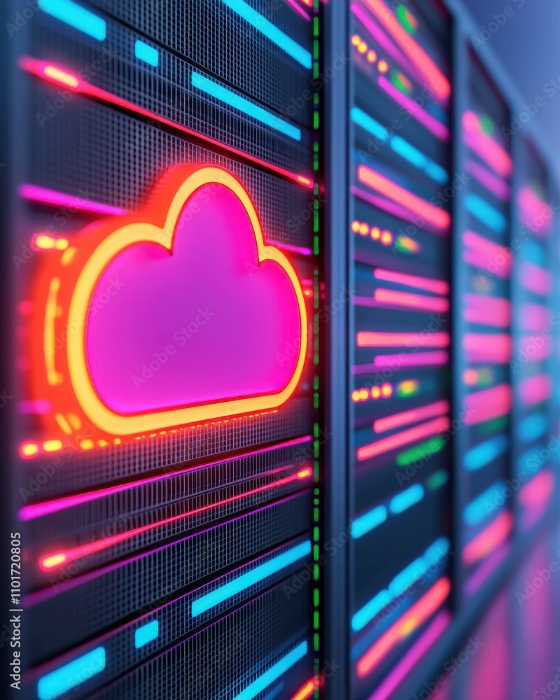 Poster a vibrant illustration of a cloud icon illuminated against a backdrop of colorful data lines, repres