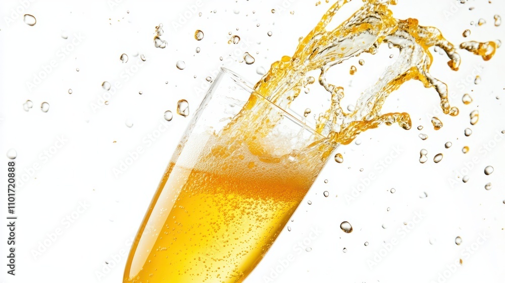 Poster champagne flute with orange juice splashing upward, creating festive bubbles and dynamic liquid moti