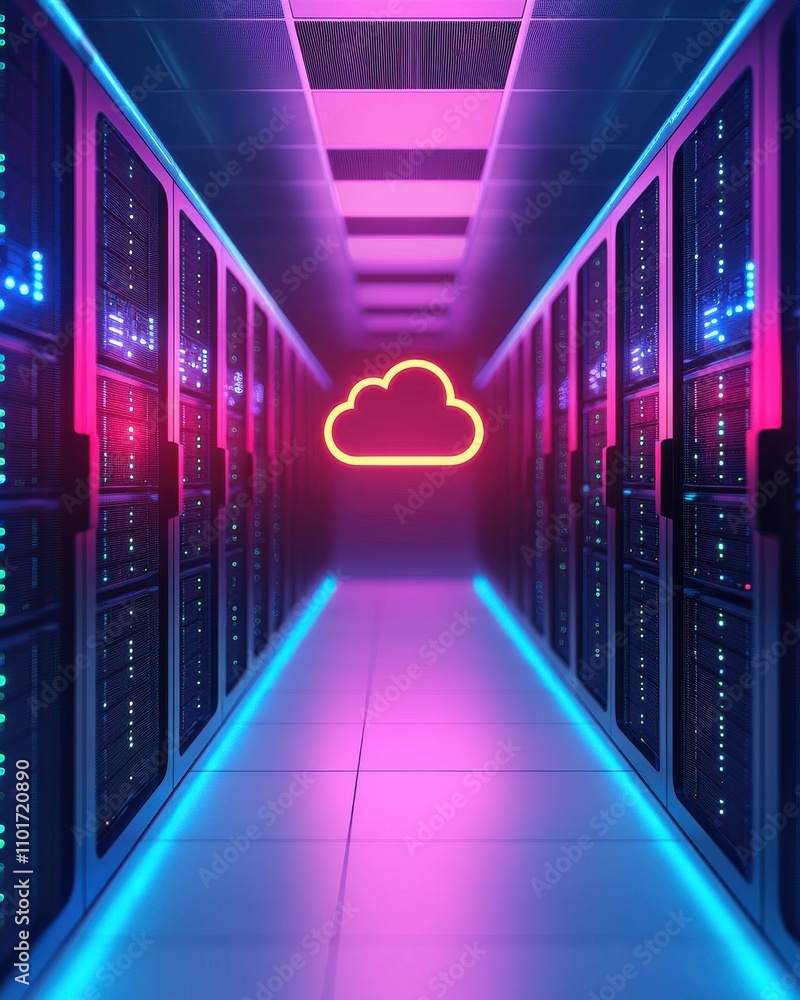 Poster a futuristic data center corridor illuminated by neon lights, featuring servers on either side and a