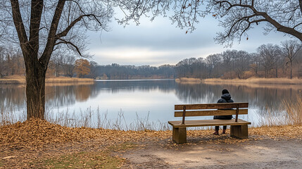  Person sitting alone on park bench by a lake