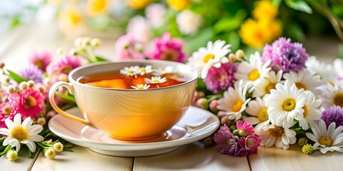 Serene Herbal Tea Cup Close Up Surrounded by Blooming Flowers for Wellness Retreats