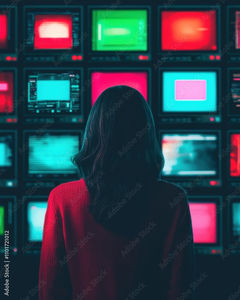 Poster a person stands in front of a wall of vintage television screens displaying vibrant colors and patte