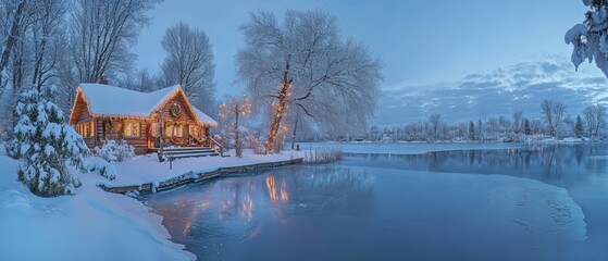 Cozy log cabin illuminated by warm lights surrounded by serene winter scenery with snow-covered trees and a frozen lake at twilight