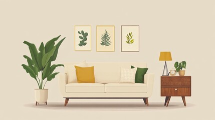 Cream-colored sofa in a minimalist living room, accented with yellow and green throw pillows and plants.  Muted earth tones create a calm and inviting atmosphere.