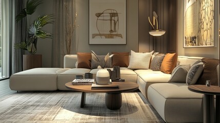Fototapeta premium Neutral-toned sectional sofa in a modern living room, featuring warm-toned throw pillows and abstract artwork. Soft lighting creates a calm atmosphere.