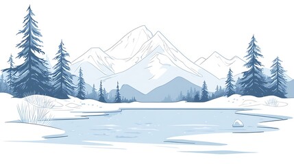 Serene Winter Landscape: Hand-Drawn Illustration of a Frozen Lake and Majestic Mountains. AI Generated