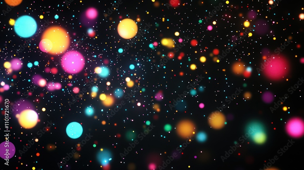 Poster dark black background with multicolored glowing dots, creating a vibrant and lively party-like atmos