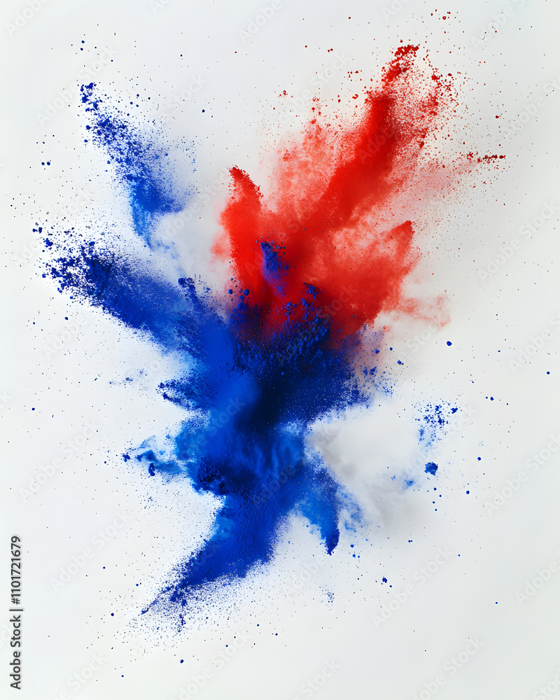 Poster abstract explosion of red and blue powder on a white background, creating a dynamic visual effect.
