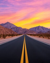 A winding road stretches through a desert landscape, flanked by mountains under a vibrant sunset sky with hues of pink and orange.