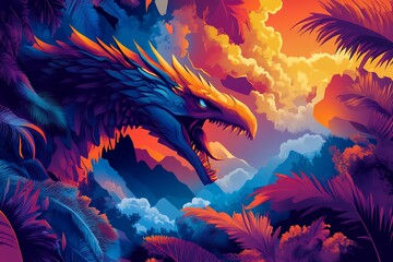 A vibrant dragon-themed illustration set in a colorful, tropical landscape.