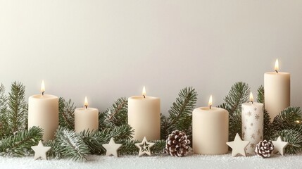 Modern Scandinavian Christmas banner with a minimalist approach, including neutral shades, simple pine branches, and elegant candles and stars, arranged in a refined and clean holiday design,
