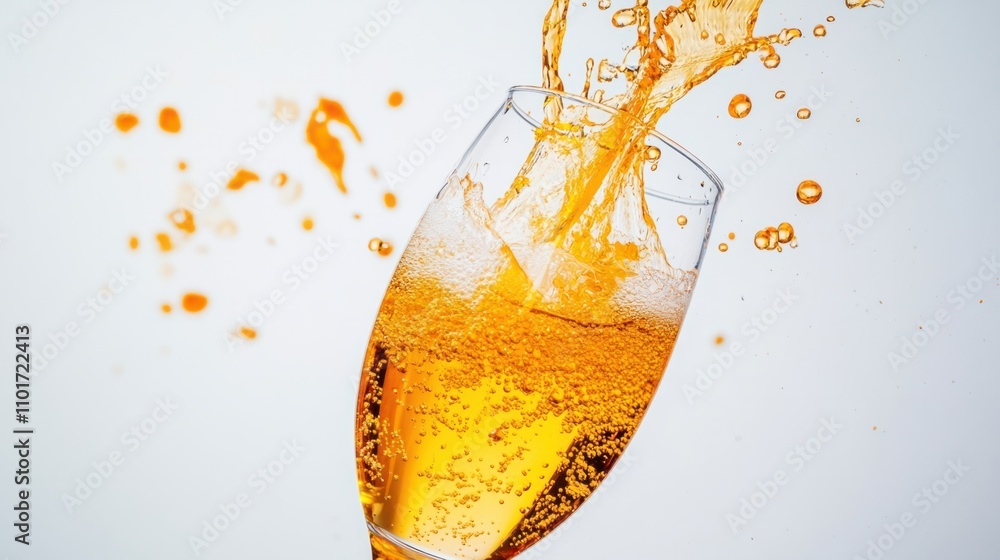 Poster close-up of orange champagne splashing upward in a glass, creating a festive scene with bubbles, on 
