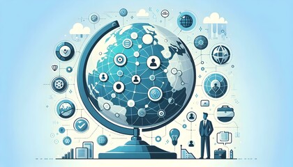 Obraz premium Flat Glossy Globe with Business Network Icons and Copy Space for Global Business Concepts Promotion
