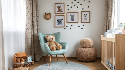 Adorable nursery with a light teal armchair, featuring a teddy bear and neutral-toned decor. The room's calming atmosphere is enhanced by the soft lighting and subtle patterns.