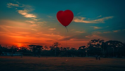 Fototapeta premium Romantic heart shaped balloon soars over couples strolling in a tranquil park setting