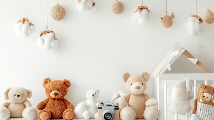 Adorable teddy bears and other soft toys arranged in a cozy nursery setting, decorated with hanging cotton ball mobiles. A perfect image for baby product advertisements or children's content.