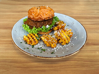 speciality grilled bbq chicken chop beef rendang cheese burger bun with french fries breakfast in plate on wood table western chef appetiser halal bakery food restaurant pastry menu for cafe