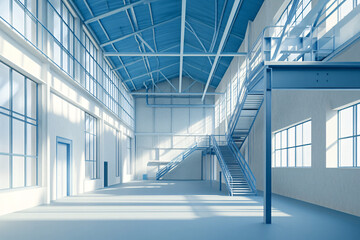 Bright industrial interior with blue beams and large windows showcasing natural light and a clean modern design
