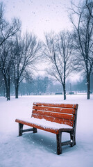 Snow-covered park bench in winter landscape