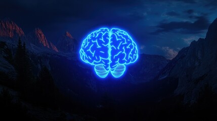 Neon brain illustration glowing in a mountainous landscape at night