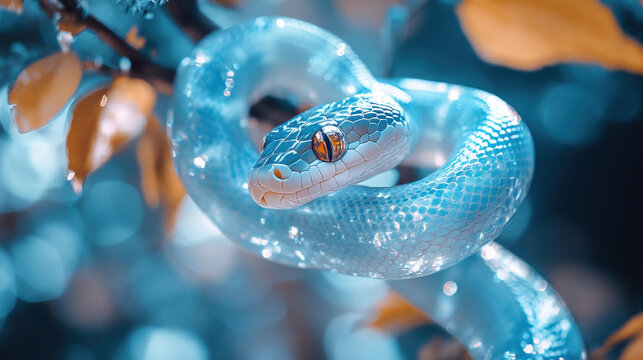 blue glow-in-the-dark snake on a tree branch 