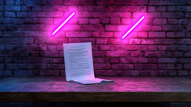 A legal document or contract rests on a weathered wooden surface, illuminated by vibrant pink neon lights against a brick wall.