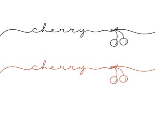 Cherry flavour monoline text. One line continuous concept Cherry juice banner. Line art cherry short phrases illustration.