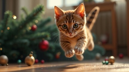 Kitten running near a fallen Christmas tree