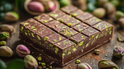 Obraz premium Indulge in rich Dubai chocolate bars filled with vibrant green pistachio paste