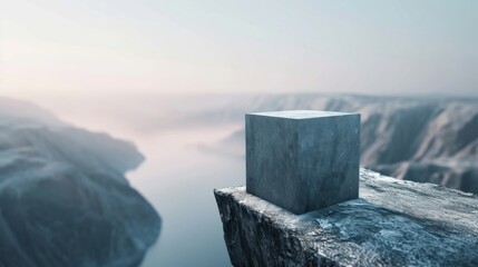 A minimalist concrete cube sits on the edge of a rugged cliff, with a vast foggy canyon in the background. The image captures the serenity of the sunrise in a natural, desolate landscape.