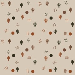 Seamless Pattern Western Cactus. Natural Brown Earthy Cacti Pattern. Background Modern Simple Cactus Illustration Motif. 