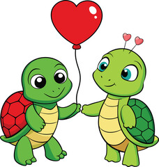 Obraz premium Adorable cartoon turtles holding a heart-shaped balloon, perfect for love, romance, and Valentine’s Day-themed designs or gifts.