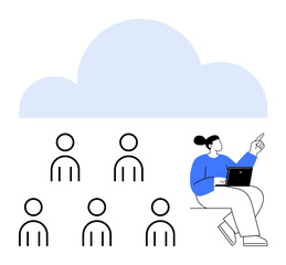 Cloud six users one working on laptop pointing, sitting. Ideal for cloud computing, remote work, collaboration, online learning, teamwork, connectivity, digital communication. Line metaphor