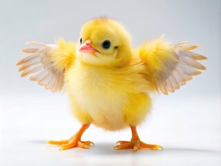 Adorable Baby Chick Attempting to Fly in Macro Photography on White Background