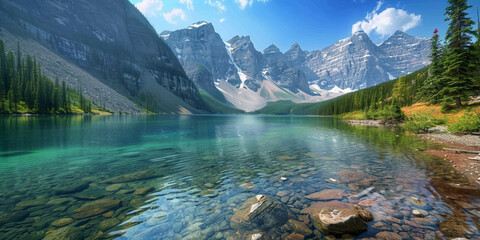 A serene mountain lake with clear turquoise waters and towering peaks under a blue sky.