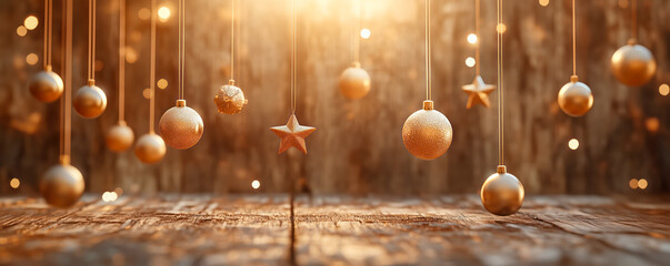 Beautiful simple Christmas background with sparkling lights and golden balls and stars. Card, banner and poster concept.