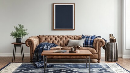 Fototapeta premium A brown leather chesterfield sofa sits in a living room with a dark blue framed picture above it. The sofa is styled with a throw and pillows, creating a cozy and sophisticated atmosphere.