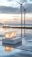 Renewable energy action wind power installation coastal landscape outdoor photography evening serenity peak energy storage concepts