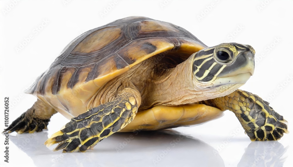 Poster graceful turtle isolated on a pristine white background, showcasing detailed shell patterns, natural