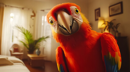 A close-up shot of a curious parrot cocking its head while staring at the home camera.