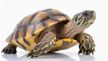 Obraz premium Elegant close-up of a turtle isolated on a pristine white background, showcasing intricate shell patterns, vivid natural textures, and fine details for nature, wildlife, and educational