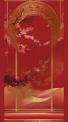 Elegant red and gold background with cherry blossoms and traditional Asian patterns, perfect for events or branding.