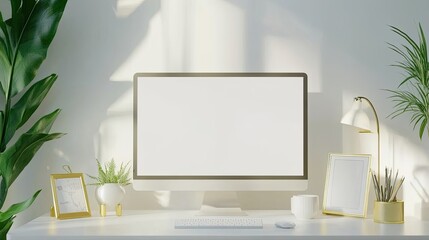 Fototapeta premium A bright and airy workspace featuring a desktop computer with a blank screen, surrounded by plants and gold accents. Perfect for showcasing your designs or projects!