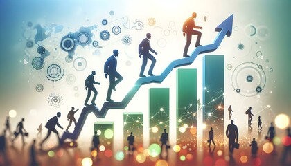 Fototapeta premium Flat Abstract Community Figures ESG Growth Graph Climb Silhouettes Bokeh Effect Business Concept