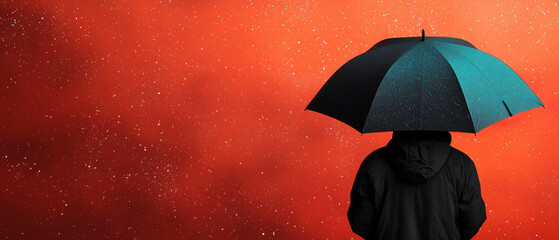 Cyber Bullying Abuse Awareness Support Concept. A silhouette of a person holding a black and teal umbrella against a vibrant red background, creating a striking contrast and mood.
